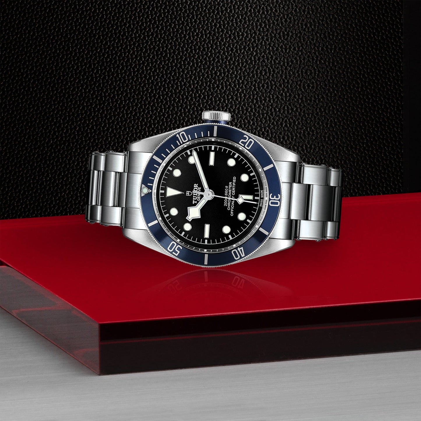 A TUDOR Black Bay watch, crafted from stainless steel and showcasing a striking black dial paired with a blue bezel, sits elegantly on a red surface. This timepiece features a sleek silver metal bracelet and luminous hour markers, making it ideal for diving enthusiasts. The entire scene is complemented by a textured black background.