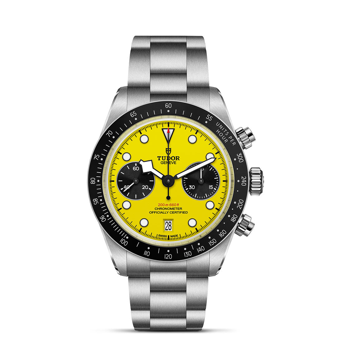 The TUDOR Black Bay Chrono 39 is a stainless steel wristwatch with a bright yellow dial, black subdials and bezel, 39mm case, date window, chronograph pushers, TUDOR logo and Manufacture Chronograph Calibre.