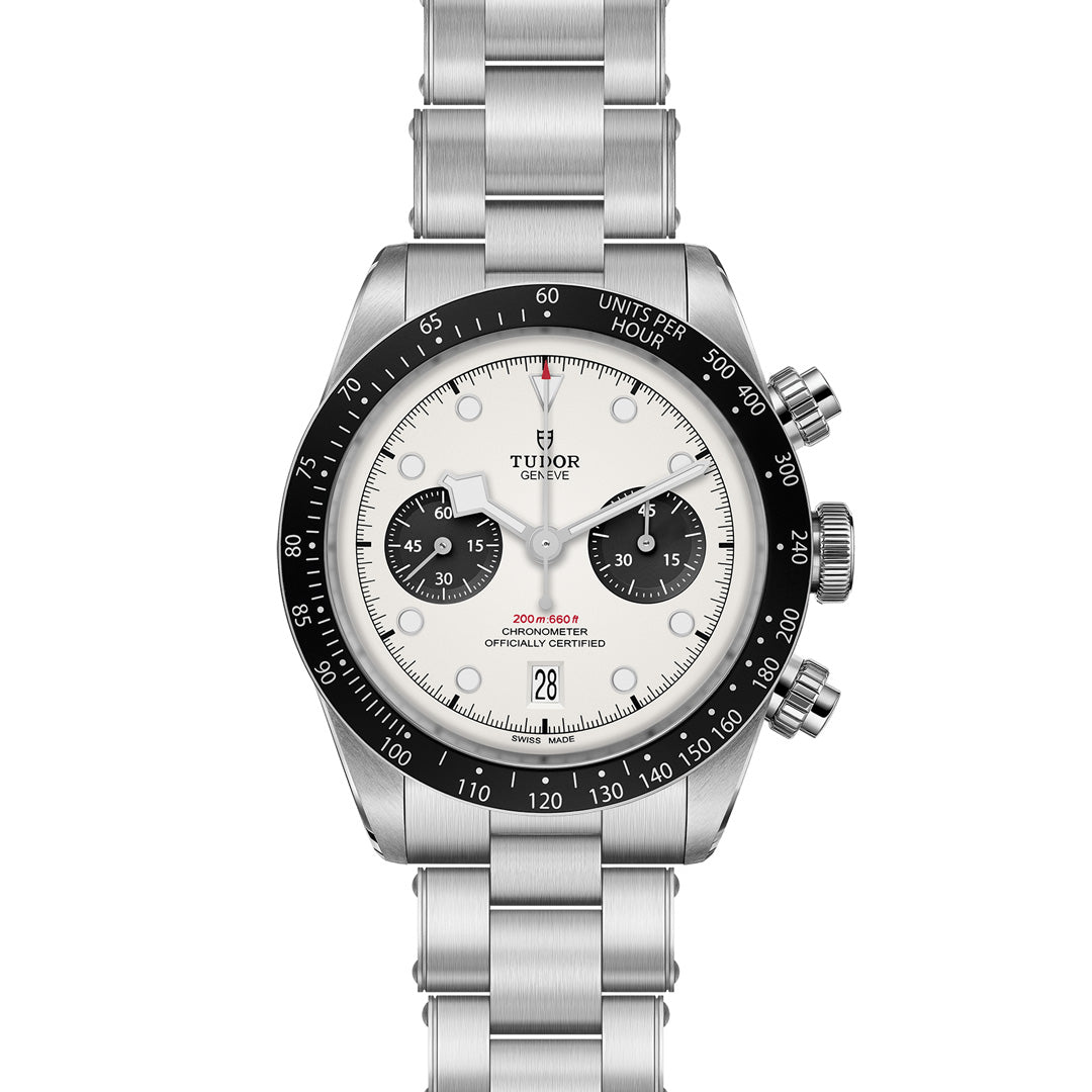 Discover the TUDOR Black Bay Chrono, a stainless steel sports chronograph with a white face, black sub-dials, and bezel. Equipped with a T-Fit clasp and date display at 6 o'clock, this watch effortlessly blends style and functionality.