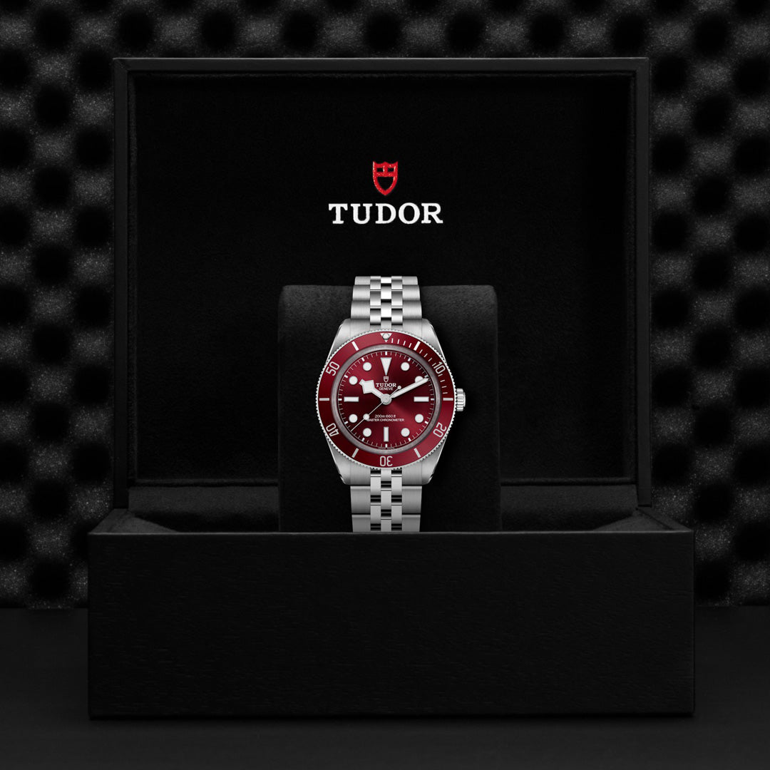The TUDOR Black Bay 58 silver wristwatch has a red dial, white hour markers, and a stainless steel bracelet. It's displayed in a sleek black box with the brand "TUDOR" in white and topped by a red shield logo on the textured black background.