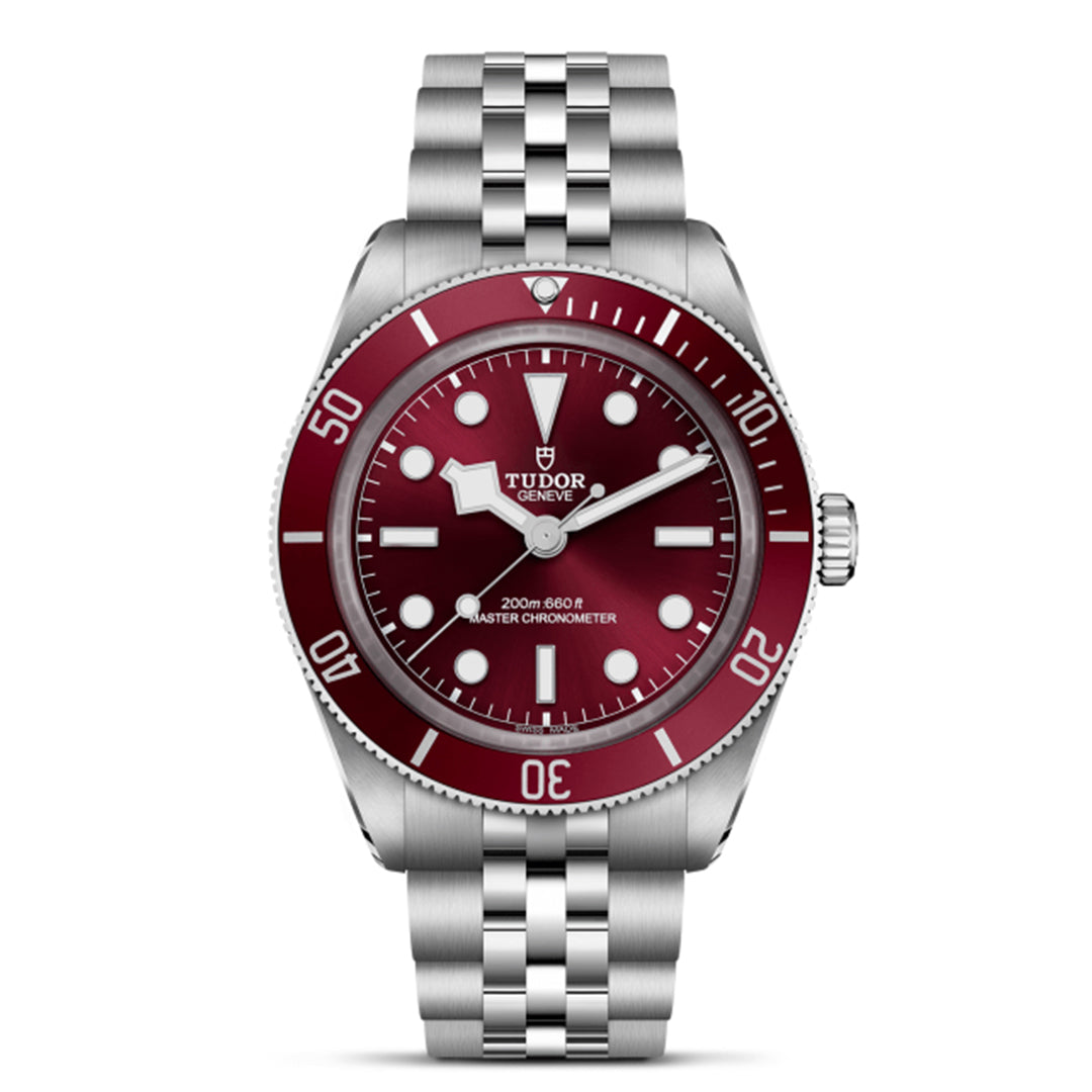 The TUDOR Black Bay 58 wristwatch, featuring a striking red bezel, round indices, and a stainless steel bracelet, displays "Tudor" and "Master Chronometer" on its dial. It's marked for 200m water resistance and meets METAS Master Chronometer standards.