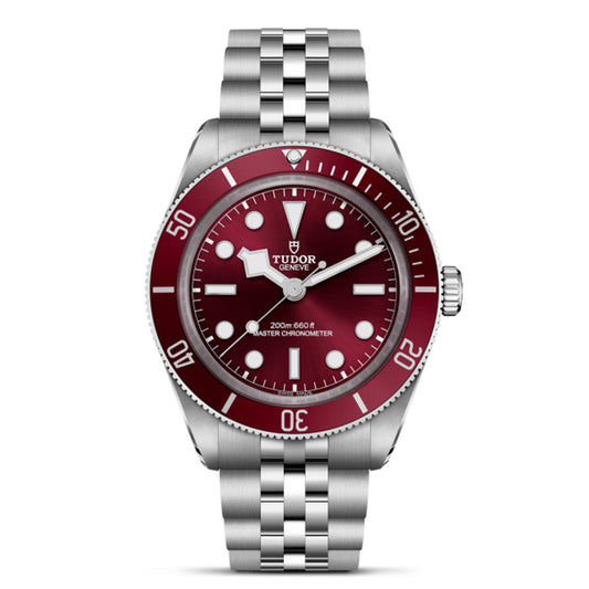 The TUDOR Black Bay 58 wristwatch, featuring a striking red bezel, round indices, and a stainless steel bracelet, displays "Tudor" and "Master Chronometer" on its dial. It's marked for 200m water resistance and meets METAS Master Chronometer standards.