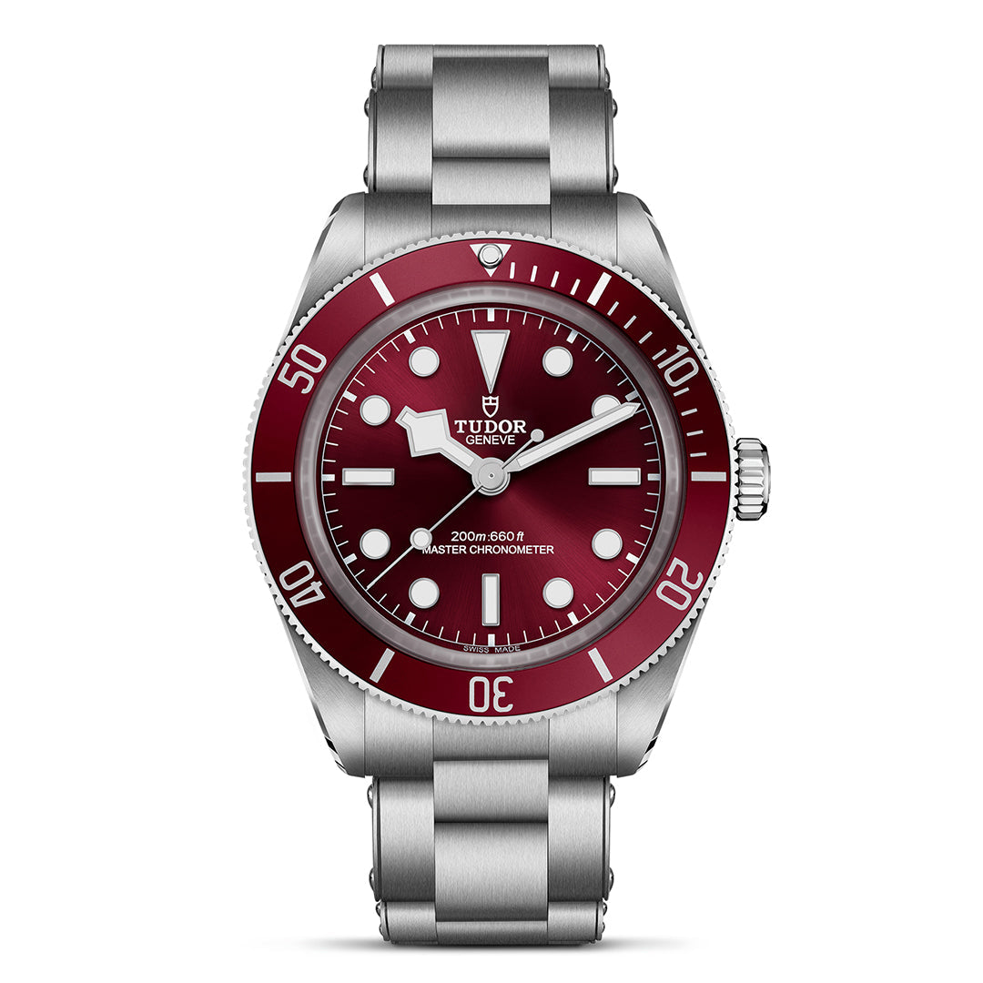 The TUDOR Black Bay 58 is a stainless steel dive watch featuring a striking red bezel and dial, silver hour markers and hands, the "Tudor" logo, "200m 660ft," and "Master Chronometer" on the face. It comes with a durable stainless steel bracelet for premium quality.