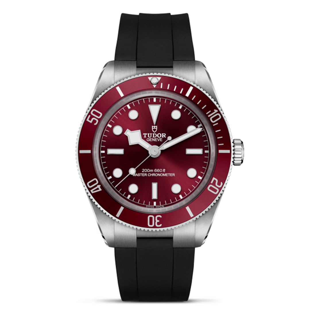 The TUDOR Black Bay 58 features a silver case and black rubber strap, a dark red bezel with minute scale, and a matching red dial with luminous hour markers and silver hands. It proudly displays the Tudor logo and is METAS Master Chronometer certified to 200m/660ft.