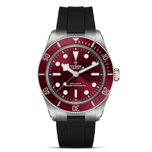 The TUDOR Black Bay 58 features a silver case and black rubber strap, a dark red bezel with minute scale, and a matching red dial with luminous hour markers and silver hands. It proudly displays the Tudor logo and is METAS Master Chronometer certified to 200m/660ft.