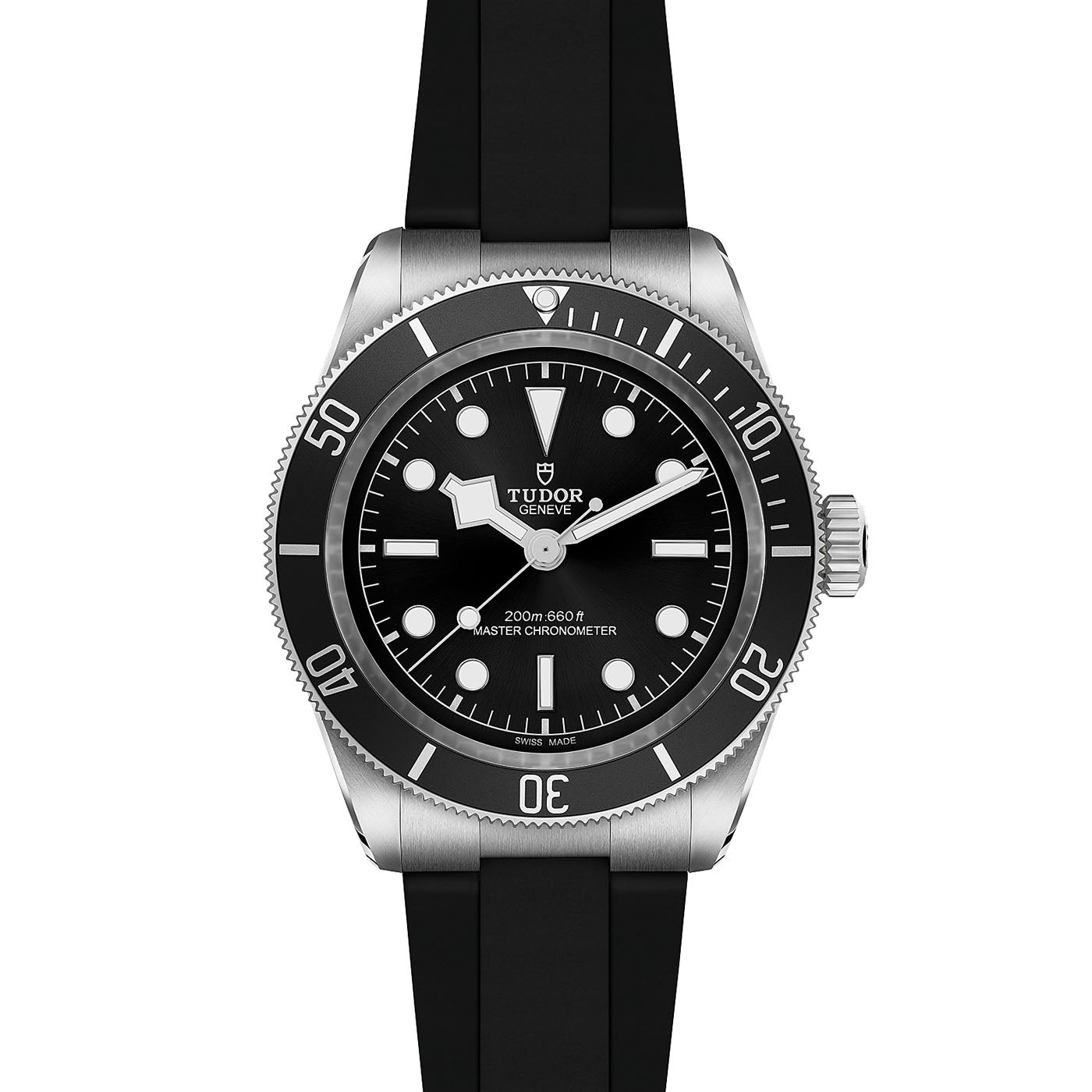 The TUDOR Black Bay neo-vintage wristwatch showcases a striking black face and bezel, adorned with prominent white hour markers and the TUDOR logo. Its robust black rubber strap, silver crown, and luminescent hands harmonize beautifully with the "Master Chronometer" text, reflecting the timeless design of TUDOR divers' watches.