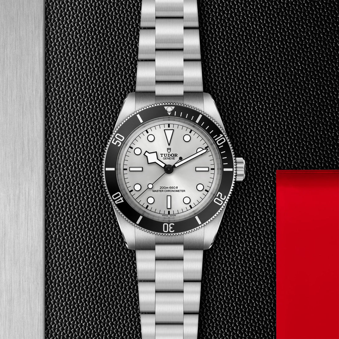 The TUDOR Black Bay 68 luxury wristwatch showcases a silver stainless steel bracelet and bezel with a white dial, distinctive Snowflake hands, and black hour markers. "Tudor" and "200m-660ft" are featured on its textured black background accented with subtle red.