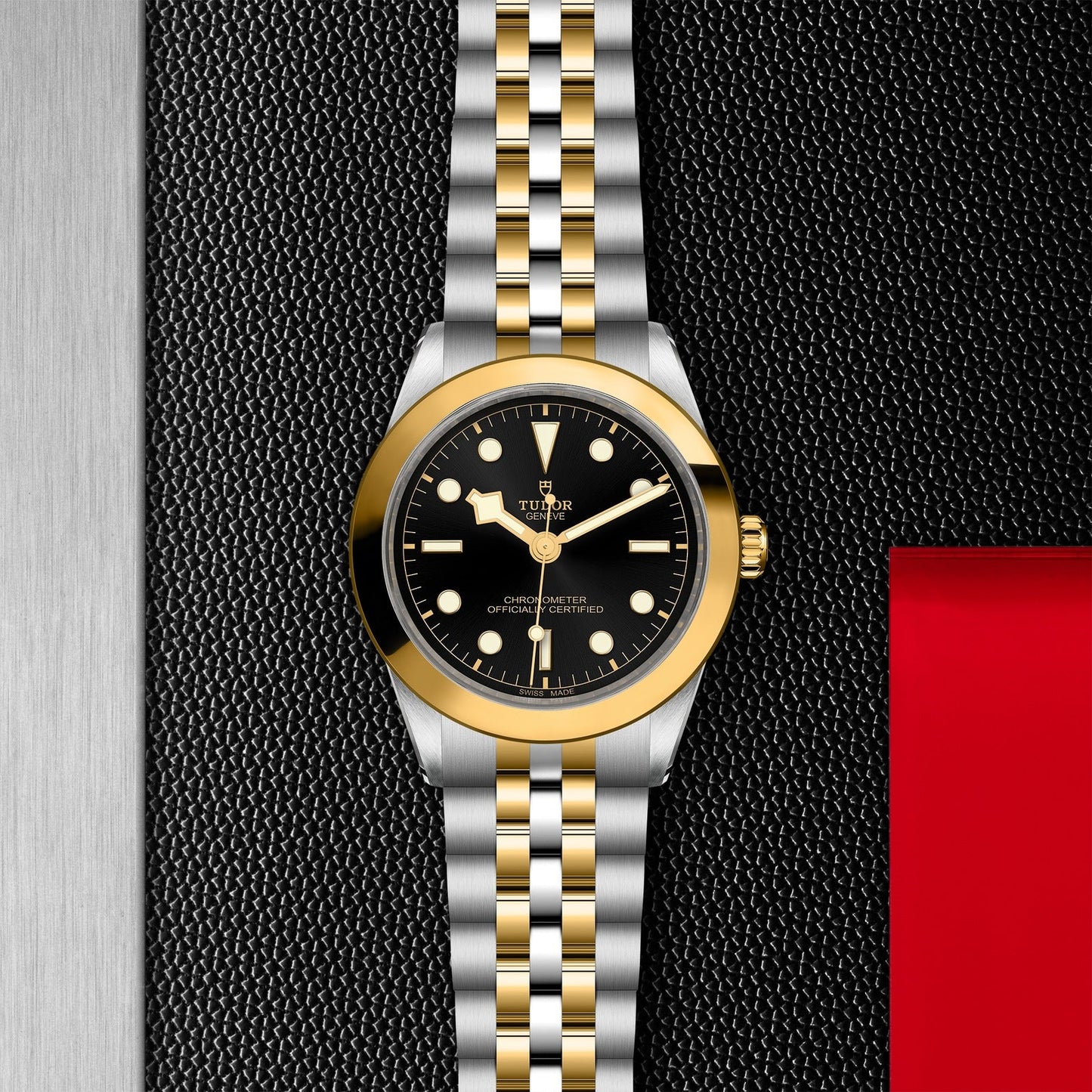 A TUDOR Black Bay 39 S&G wristwatch, featuring a black dial, gold bezel, and a steel and yellow gold bracelet from the TUDOR brand, is displayed against a textured black surface. The watch showcases luminous hour markers and hands. A hint of red fabric is visible on the right side of the image.