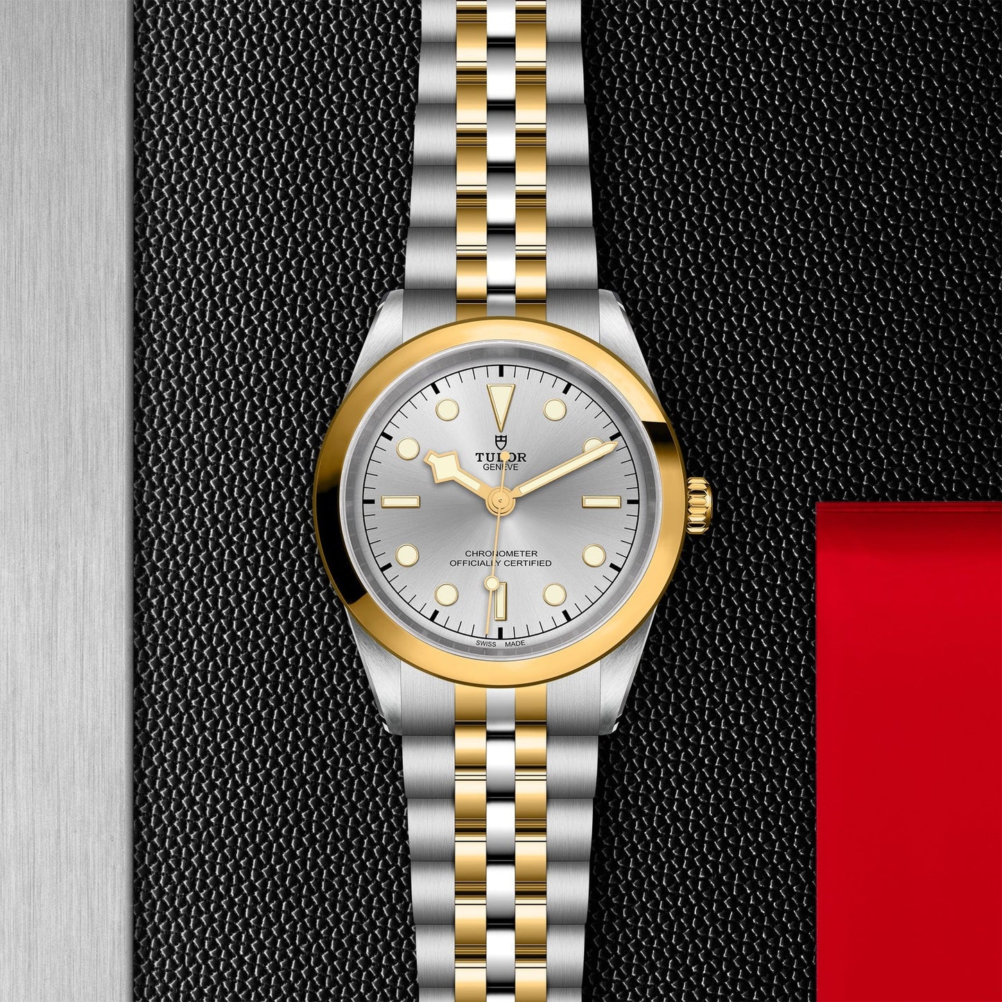 The TUDOR Black Bay 41 S&G luxury watch features a refined silver and gold bracelet complemented by a round white and gold bezel. Its 41mm steel case houses a dial adorned with gold hour markers and hands, set against a textured black background with red accents, evocative of the iconic Black Bay design.