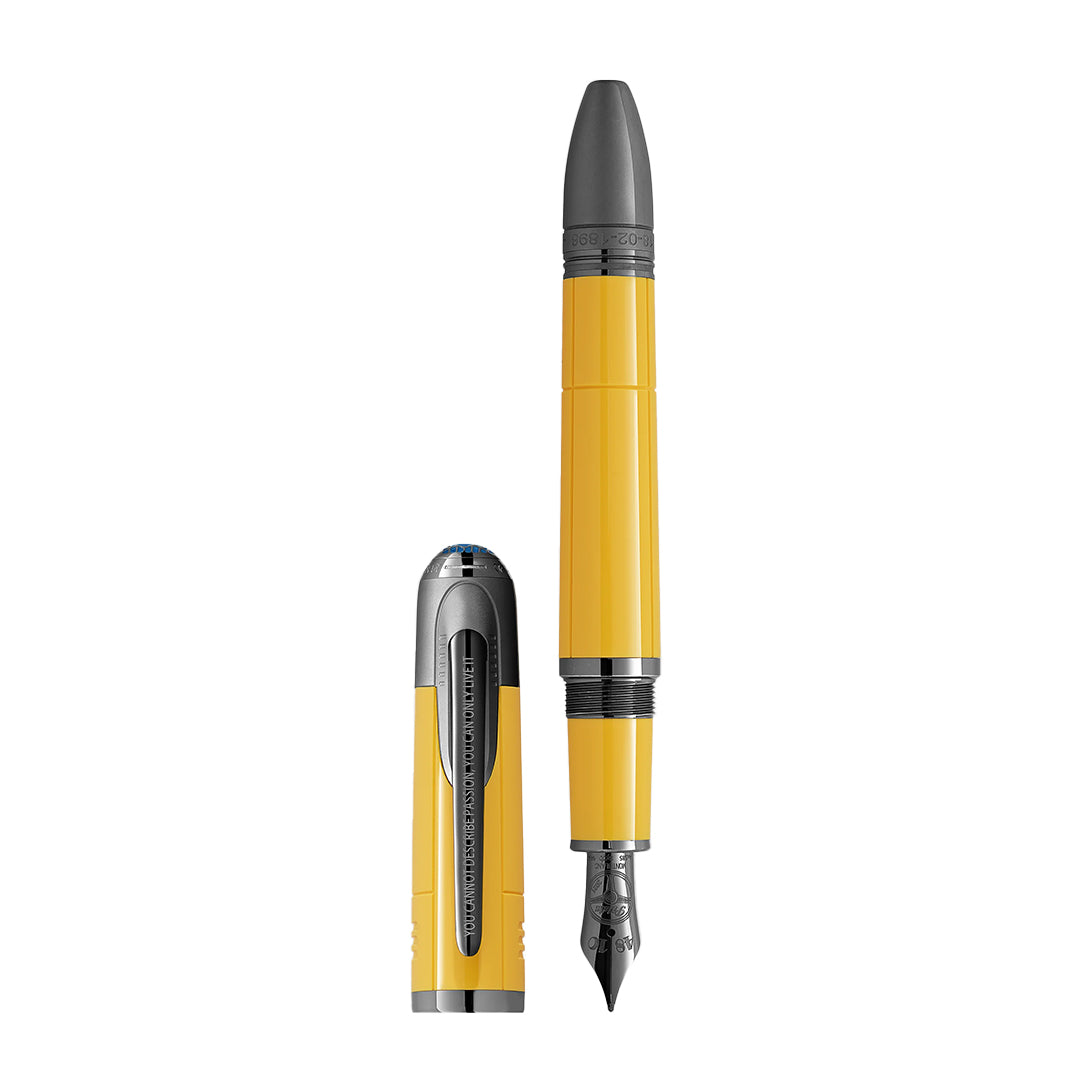 The Montblanc Great Characters Enzo Ferrari Special Edition Giallo Modena Fountain Pen features a detached cap with a sleek vertical clip inspired by Ferrari, while its black nib and gray accents complement the bright yellow finish and highlight Enzo Ferrari's timeless elegance.