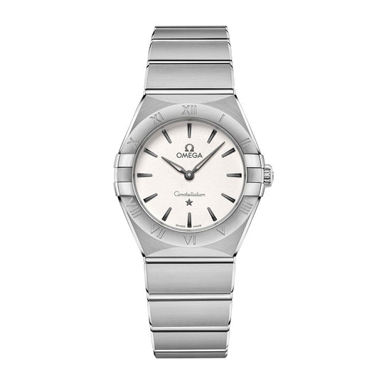 The OMEGA Constellation Quartz 28mm Watch, with a stainless steel bracelet and silver finish, features a round face accented by Roman numerals on the bezel. Its understated white dial with minimalistic hour markers is elegantly highlighted by the Omega logo and "Constellation" inscription.