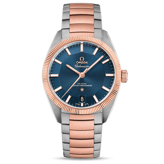 The OMEGA Constellation Globemaster Co-Axial Master Chronometer 39mm Watch showcases a stunning sun-brushed blue dial with rose gold markers and hands, beautifully paired with an 18K Sedna™ gold and stainless steel strap. An elegantly positioned date feature at the 6 o'clock position adds to its functionality.