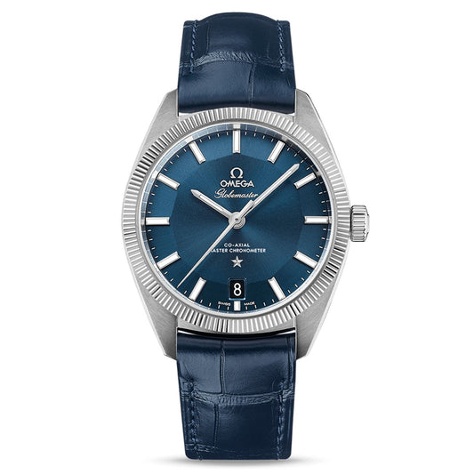 This timeless OMEGA Constellation Globemaster Co-Axial Master Chronometer 39mm watch highlights a blue dial adorned with silver hour markers. Featuring anti-magnetic technology, it is equipped with a scratchproof bezel, a silver case, a date window, and a blue leather strap. The luxurious design is completed with the "OMEGA" name elegantly displayed on the dial.