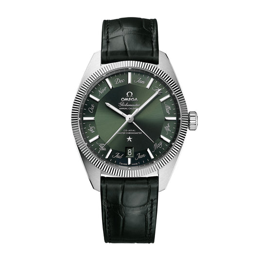 Indulge in luxury with the OMEGA Constellation Globemaster Co-Axial Master Chronometer Annual Calendar 41mm Watch, featuring a striking green dial and a refined silver case. This remarkable timepiece highlights silver hour markers and hands, elegantly paired with a black leather strap. The Annual Calendar offers month display details along the edge, accompanied by a date window positioned at 6 o'clock.
