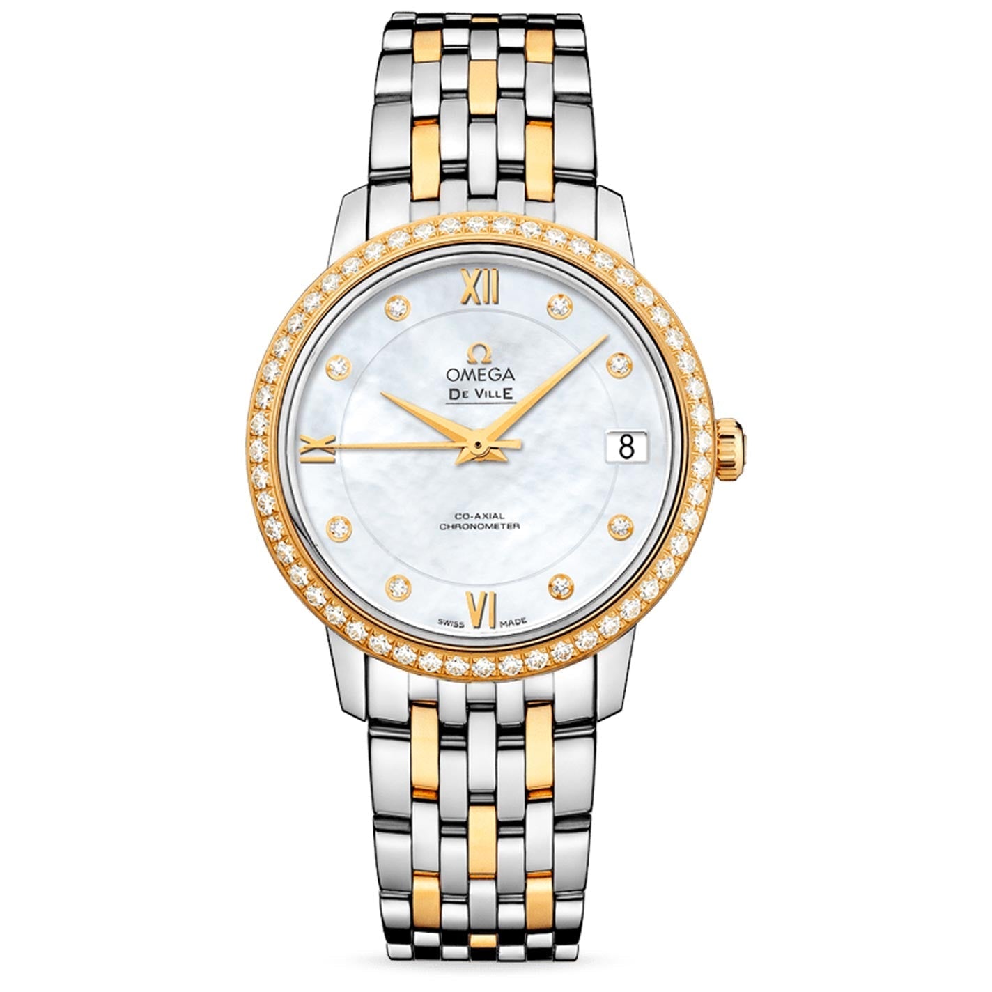 The OMEGA De Ville Prestige Co-Axial Chronometer 32.7mm Watch is a luxurious timepiece from OMEGA, featuring a two-tone metal band and diamond-set indexes. Its elegant mother-of-pearl dial displays Roman numerals at the 3, 6, 9, and 12 positions, with a date window located at 3 o'clock. The bezel is beautifully adorned with exquisite diamonds.