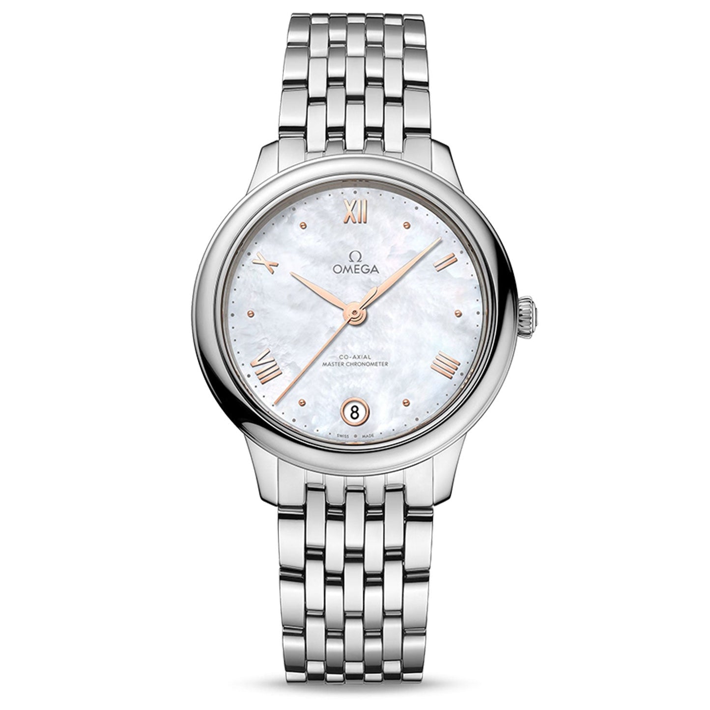 The OMEGA De Ville Prestige Co-Axial Master Chronometer 34mm Watch by OMEGA features a sophisticated stainless steel build with a mother-of-pearl dial. It elegantly displays silver and rose gold Roman numerals, diamond hour markers, and includes a date display at the 6 o'clock position. The polished metal bracelet enhances its elegant and minimalistic design.