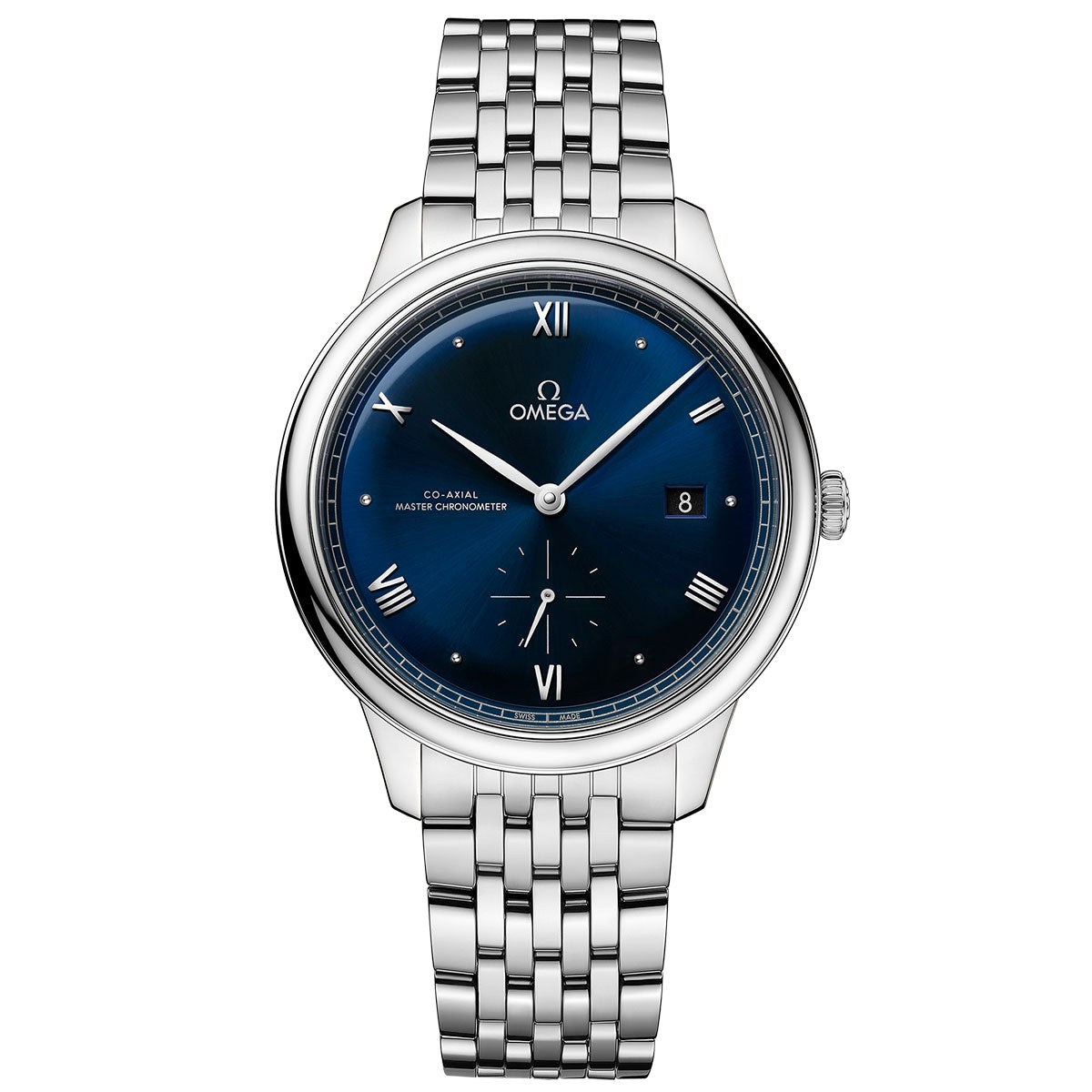 The OMEGA De Ville Prestige Co-Axial Master Chronometer Small Seconds 41mm watch features a stainless steel band and an elegant deep blue dial with Roman numerals and a date display. This model showcases silver hands, markers, and a master chronometer-certified subdial for seconds.