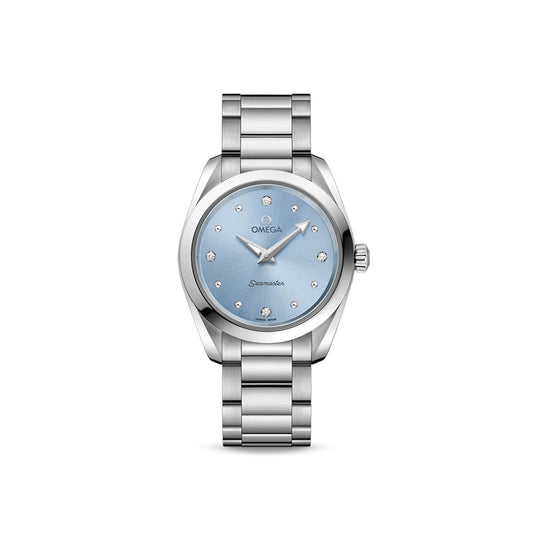 The OMEGA Seamaster Aqua Terra 150M Quartz 28mm Watch features a stainless steel band and a light blue dial. The time displayed is around 10:08, complemented by shimmering diamond indexes and the iconic OMEGA logo gracing the dial.