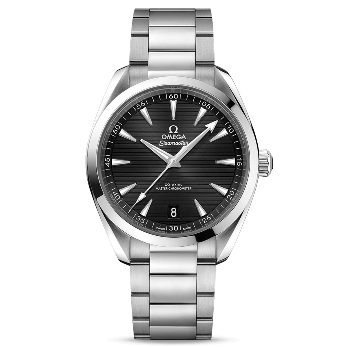 An OMEGA Seamaster Aqua Terra 150M Co-Axial Master Chronometer 41mm watch in silver, featuring a black face with horizontal lines. It includes luminescent hands, a date display at 6 o'clock, and a stainless steel case and band.