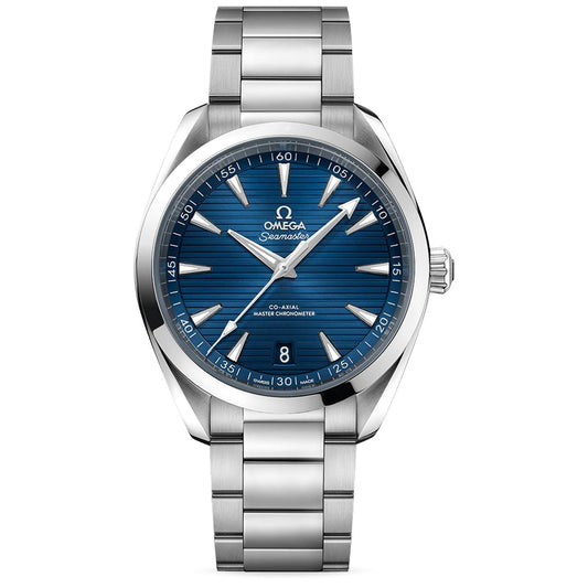 The OMEGA Seamaster Aqua Terra 150m Co-Axial Master Chronometer 41mm Watch showcases a stunning blue dial with silver hour markers and hands, complete with a date window at 6 o'clock. Its stainless steel bracelet and polished round case embody the timeless elegance of this OMEGA timepiece.