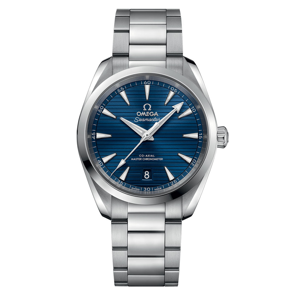 The OMEGA Seamaster Aqua Terra 150M Co-Axial Master Chronometer 38mm Watch is a remarkable timepiece featuring a blue textured dial and a sleek silver stainless steel design. The date window is positioned at 6 o'clock, enhanced by elegant silver hour markers and hands. The prominently displayed logo and text showcase its superior Master Chronometer quality.