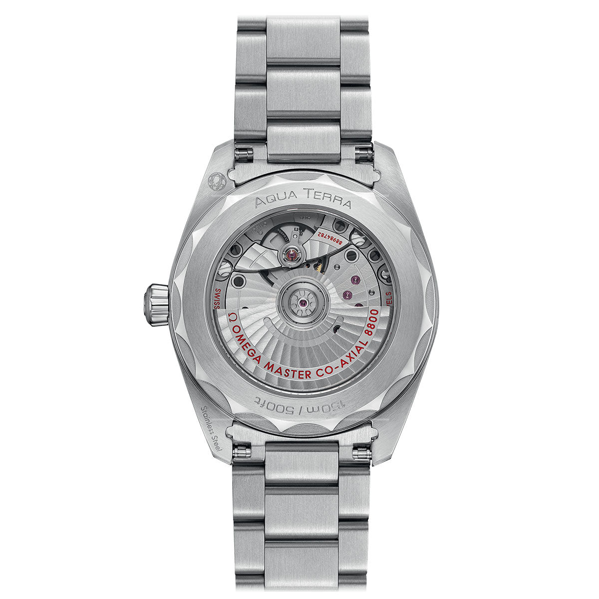 The close-up of a luxury OMEGA Seamaster Aqua Terra 150M Co-Axial Master Chronometer 38mm watch showcases its stainless steel bracelet. The back reveals intricate mechanical gears and the movement is inscribed with "Aqua Terra" and "OMEGA Master Chronometer 8800.