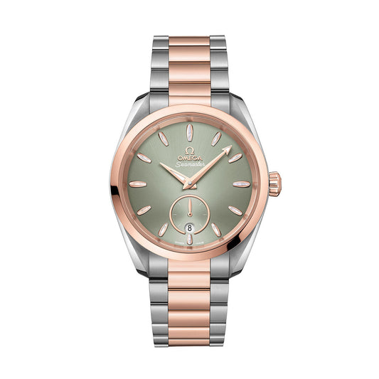 This OMEGA Seamaster Aqua Terra 150M Co-Axial Master Chronometer Small Seconds 38mm Watch showcases a green dial adorned with rose gold hour markers and hands, complemented by a silver and rose gold bracelet. The sophisticated watch face includes a date indicator positioned at 6 o'clock and prominently features the "Omega" brand name, driven by the Master Chronometer calibre 8802.