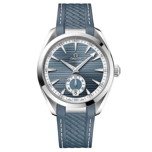 Introducing the OMEGA Seamaster Aqua Terra 150M Co-Axial Master Chronometer Small Seconds 41mm Watch: this elegant silver timepiece embraces its maritime legacy with a captivating blue dial and textured strap. The dial is adorned with horizontal lines, luminous hands, hour markers, and includes a subdial at 6 o'clock that integrates a date display. The revered OMEGA logo commands attention at the 12 o'clock position.