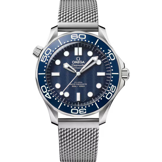 The OMEGA Seamaster Diver 300M James Bond 60th Anniversary Co-Axial Master Chronometer 42mm features a blue dial, white markers, blue rotating bezel, mesh strap, and right-side crown.