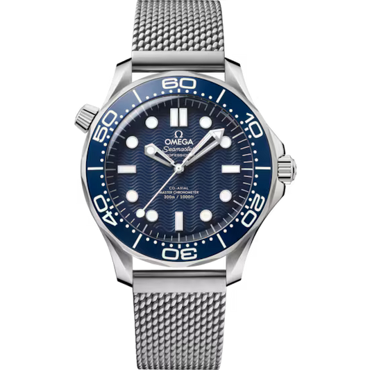 The OMEGA Seamaster Diver 300M James Bond 60th Anniversary Co-Axial Master Chronometer 42mm features a blue dial, white markers, blue rotating bezel, mesh strap, and right-side crown.