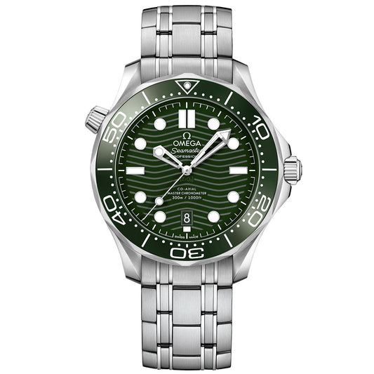 A 42mm OMEGA Seamaster Diver 300M Co-Axial Master Chronometer watch featuring a green wave-patterned dial and ceramic bezel. The silver bracelet harmonizes with its white markers, rotating bezel, and crown. The dial is inscribed with "Seamaster" and boasts a depth rating of 300m/1000ft.