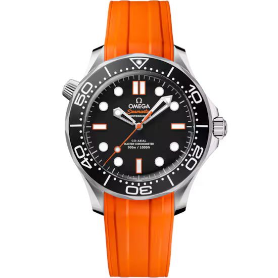 The OMEGA Seamaster Diver 300M Co-Axial Master Chronometer 42mm Watch features a stainless steel case, black dial with white markers, date window, orange rubber strap, rotating bezel, and is powered by the precise Calibre 8806.