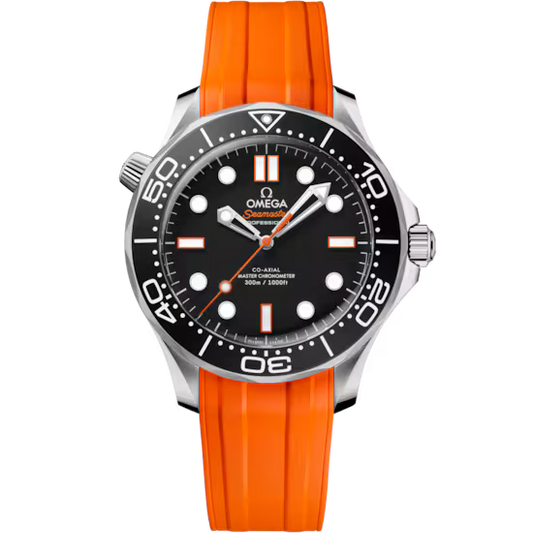 The OMEGA Seamaster Diver 300M Co-Axial Master Chronometer 42mm Watch features a stainless steel case, black dial with white markers, date window, orange rubber strap, rotating bezel, and is powered by the precise Calibre 8806.