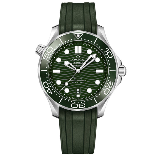The OMEGA Seamaster Diver 300M Co-Axial Master Chronometer 42mm Watch features a wave-patterned dial, white hour markers, and a date display. It is equipped with a stainless steel case and green rubber strap, complemented by a ceramic bezel with rotating minute markings, exemplifying the OMEGA Master Chronometer standard.