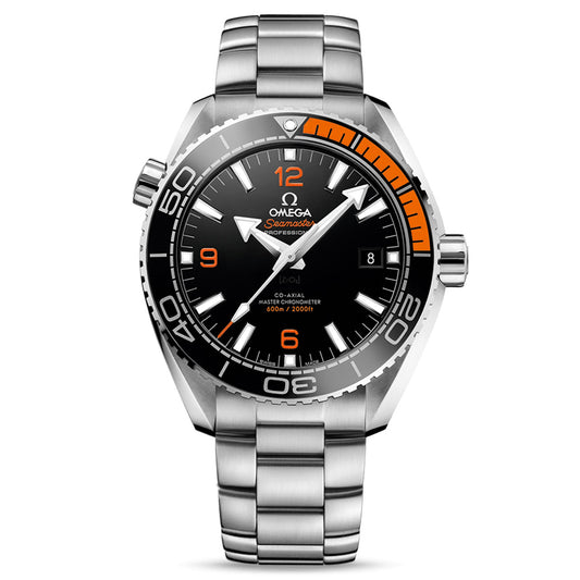 The OMEGA Seamaster Planet Ocean 600M Co-Axial Master Chronometer 43.5mm Watch showcases a stainless steel design featuring a black dial accented by orange on the bezel, white hour markers, and a date display at the 3 o'clock position. This Master Chronometer dive watch is ideal for diving with its remarkable water resistance of up to 600 meters.
