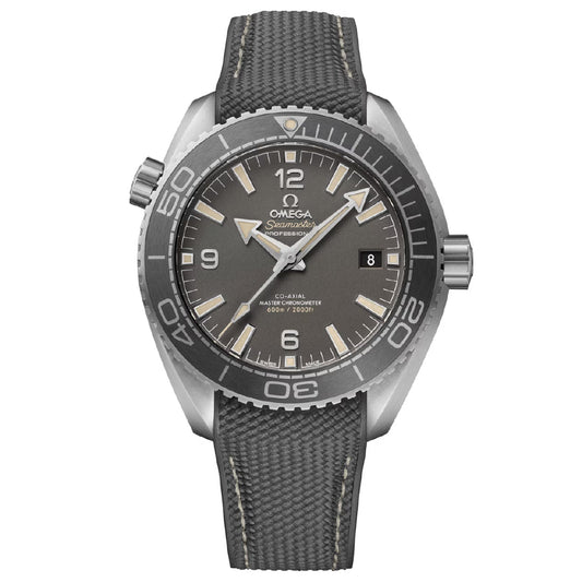 The silver OMEGA Seamaster Planet Ocean 600M Co-Axial Master Chronometer 43.5mm Watch features a gray dial with bold hour markers, a black fabric strap, date display, and prominent minute markings on the bezel. It is powered by the Co-Axial Master Chronometer Calibre 8900.