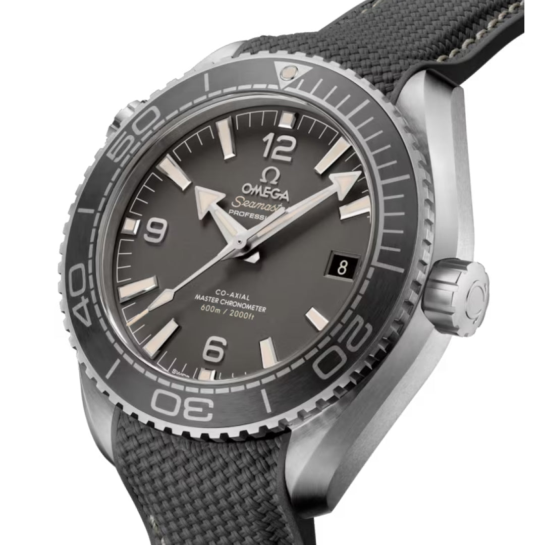 Close-up of the OMEGA Seamaster Planet Ocean 600M Co-Axial Master Chronometer 43.5mm Watch, featuring a grey dial, large luminescent hour markers, white hands, a date window at 3 o'clock, and a black bezel. It's powered by the Calibre 8900 with a textured dark strap.