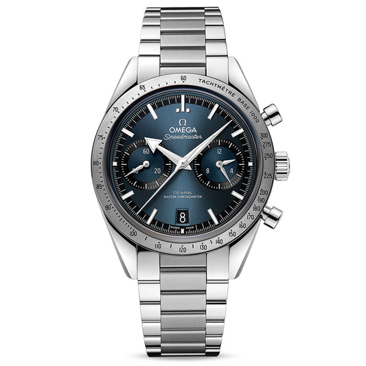 The OMEGA Speedmaster 57 Co-Axial Master Chronometer Chronograph 40.5mm Watch from OMEGA features a silver stainless steel band and a dark blue dial. It includes a tachymetric scale on the bezel, three subdials, and a date display, highlighting both elegance and precision in its design.
