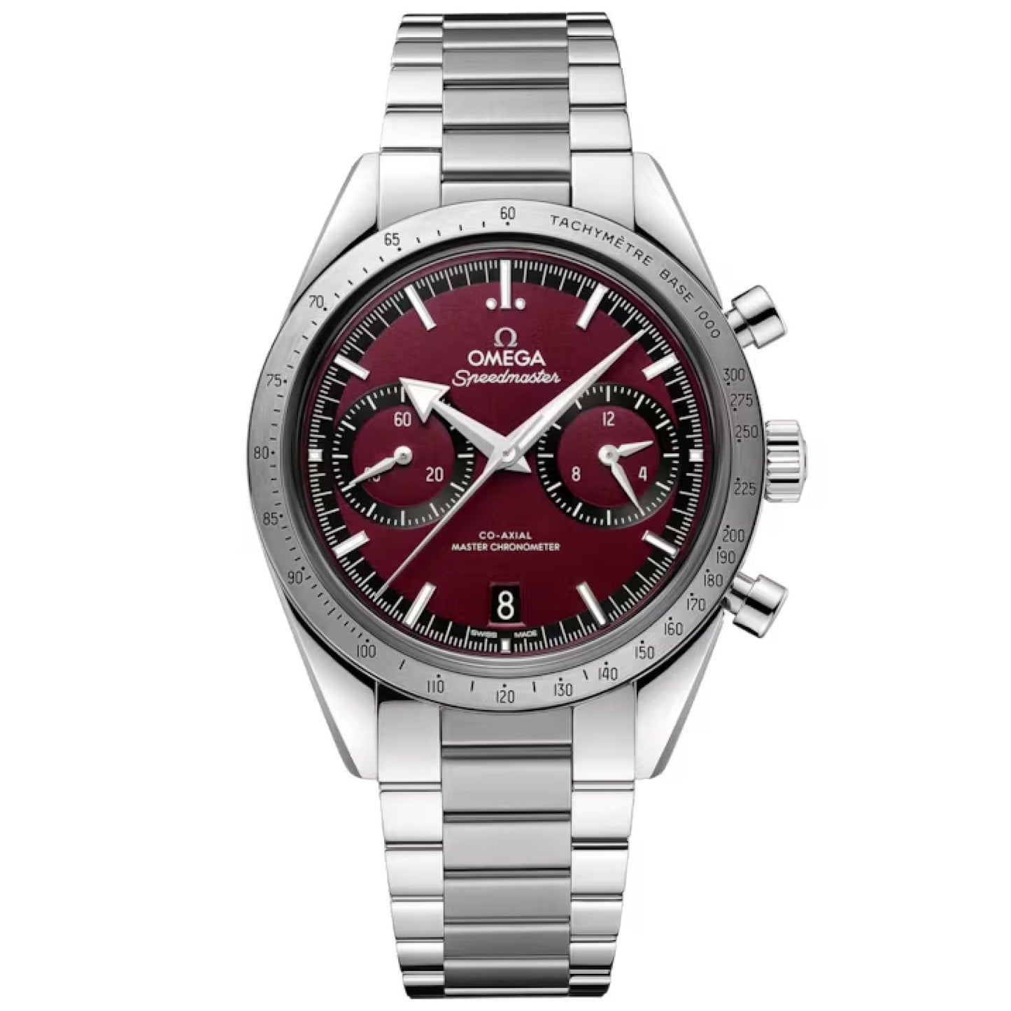 The OMEGA Speedmaster 57 Co-Axial Master Chronometer Chronograph 40.5mm Watch showcases a captivating dark red dial with three sub-dials and a tachymetric scale. Its date display positioned at 6 o'clock and the polished metal link bracelet make this OMEGA timepiece the pinnacle of sophistication and accuracy.