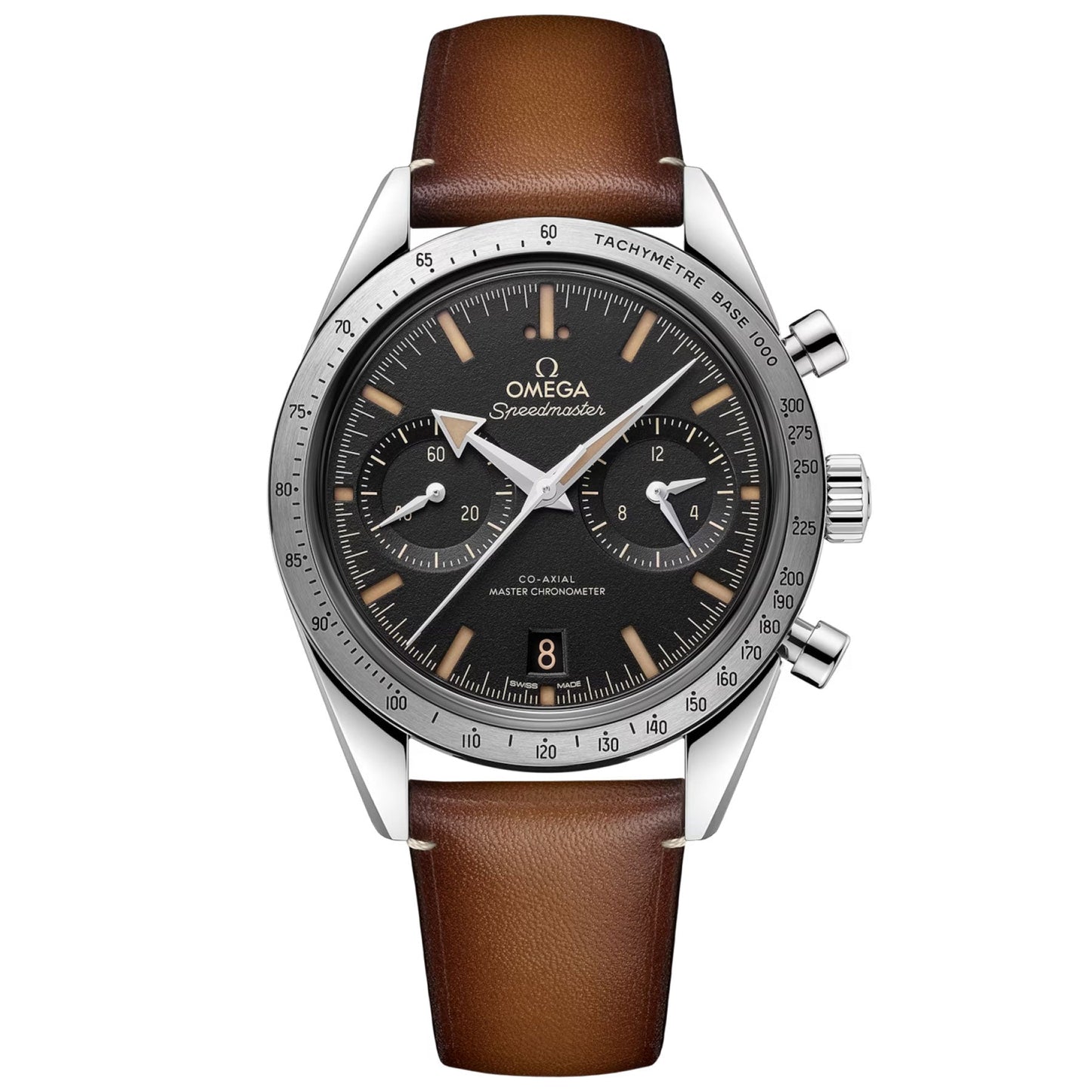 A close-up image of an OMEGA Speedmaster 57 Co-Axial Master Chronometer Chronograph 40.5mm Watch featuring a brown leather strap showcases its black dial, three subdials, and date display at the 6 o'clock position. Celebrated for its role in lunar missions, this chronograph includes a tachymeter scale on the bezel and silver-toned hands.