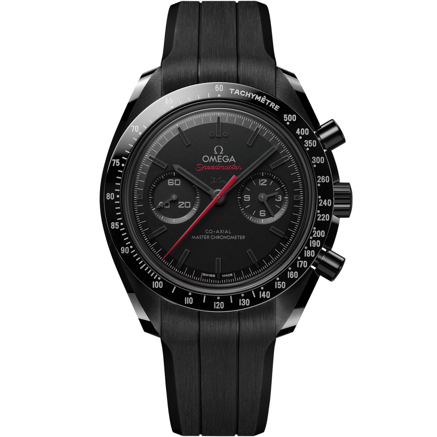 The OMEGA Speedmaster Dark Side of the Moon Co-Axial Master Chronometer 44.25mm features a black dial with chronograph subdials, a tachymeter bezel, and a black rubber strap, photographed against a plain white background.