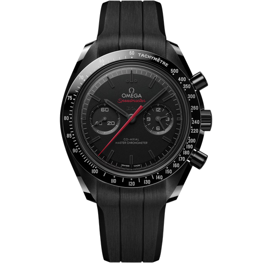 The OMEGA Speedmaster Dark Side of the Moon Co-Axial Master Chronometer 44.25mm features a black dial with chronograph subdials, a tachymeter bezel, and a black rubber strap, photographed against a plain white background.