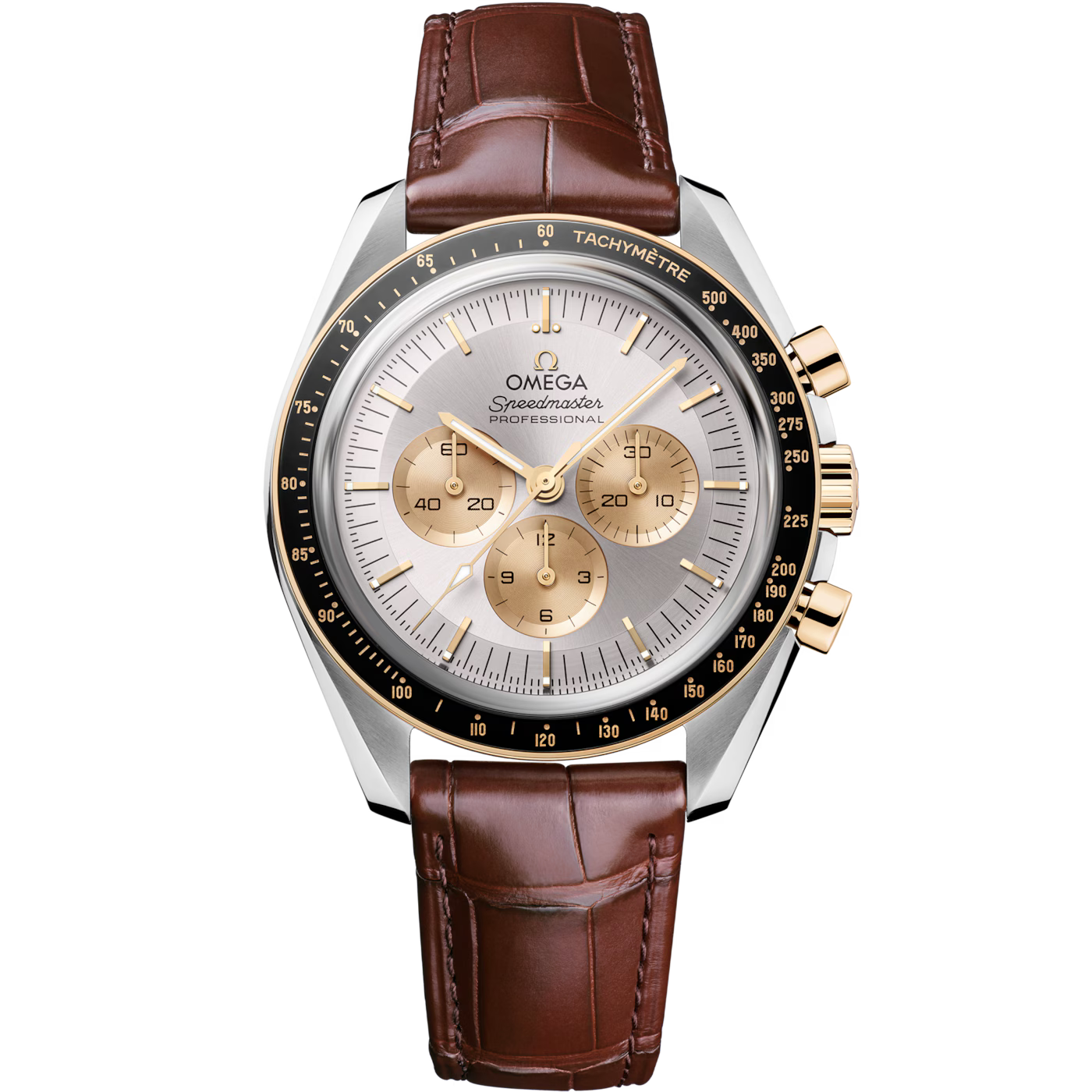 The OMEGA Speedmaster Moonwatch Professional Co-Axial Master Chronometer Chronograph 42mm features a brown leather strap, gold and silver dial with three gold subdials, black tachymeter bezel, and Moonshine Gold pushers—a striking luxury chronograph.