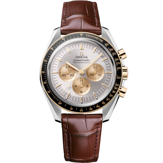 The OMEGA Speedmaster Moonwatch Professional Co-Axial Master Chronometer Chronograph 42mm features a brown leather strap, gold and silver dial with three gold subdials, black tachymeter bezel, and Moonshine Gold pushers—a striking luxury chronograph.