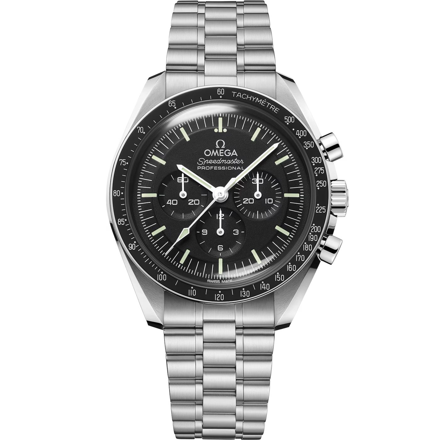 The OMEGA Speedmaster Moonwatch Professional Co-Axial Master Chronometer Chronograph 42mm, in stainless steel with a black dial, three sub-dials, tachymeter bezel, and metal link bracelet, is pictured on a plain white background.