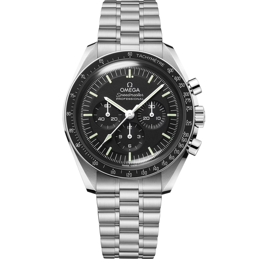 The OMEGA Speedmaster Moonwatch Professional Co-Axial Master Chronometer Chronograph 42mm, in stainless steel with a black dial, three sub-dials, tachymeter bezel, and metal link bracelet, is pictured on a plain white background.