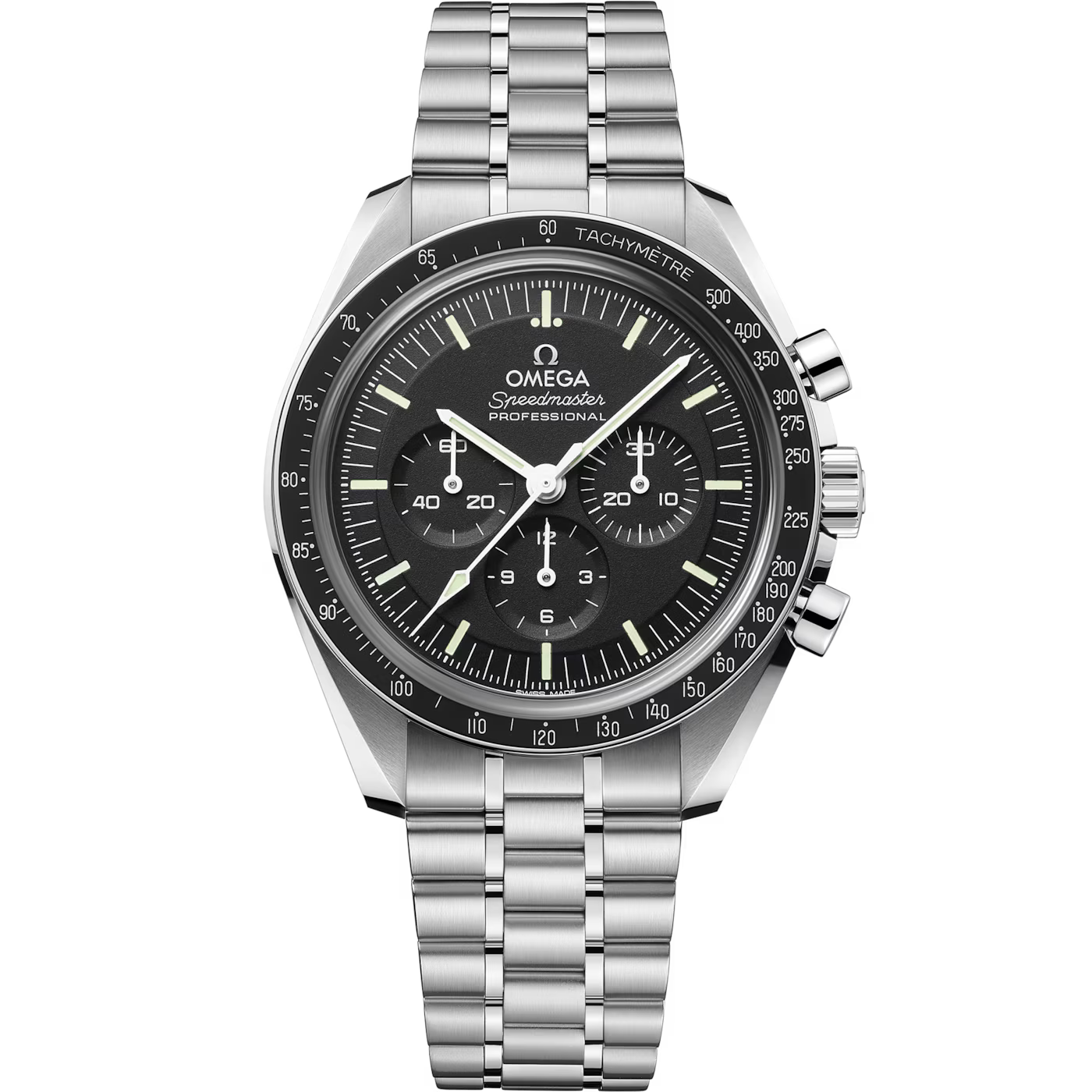 The OMEGA Speedmaster Moonwatch Professional Co-Axial Master Chronometer Chronograph 42mm features a black dial with three subdials, white markers, and a tachymeter bezel on a stainless steel bracelet—a classic OMEGA chronograph.