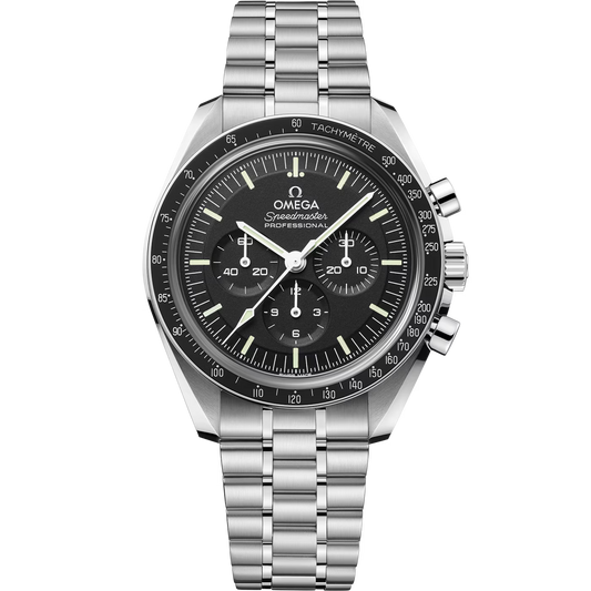 The OMEGA Speedmaster Moonwatch Professional Co-Axial Master Chronometer Chronograph 42mm features a black dial with three subdials, white markers, and a tachymeter bezel on a stainless steel bracelet—a classic OMEGA chronograph.