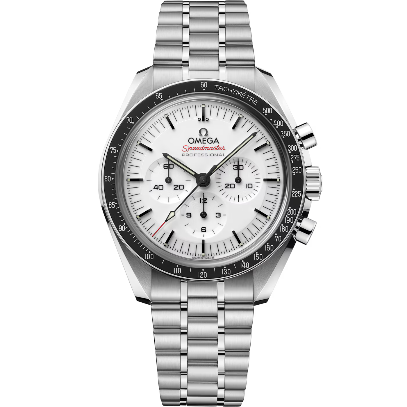 The OMEGA Speedmaster Moonwatch Professional Co-Axial Master Chronometer Chronograph 42mm features a white dial, black bezel, stainless steel bracelet, three sub-dials, black hour markers, and red "Speedmaster" text.
