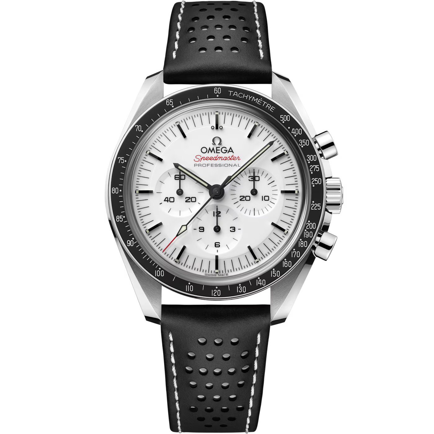 The OMEGA Speedmaster Moonwatch Professional Co-Axial Master Chronometer Chronograph 42mm features a white dial with black subdials, stainless steel case, black tachymeter bezel, perforated leather strap, and red Speedmaster text.
